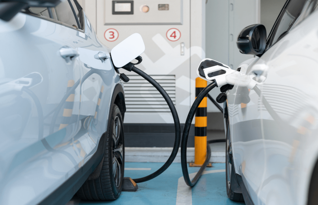 Two white EVs charging side by side
